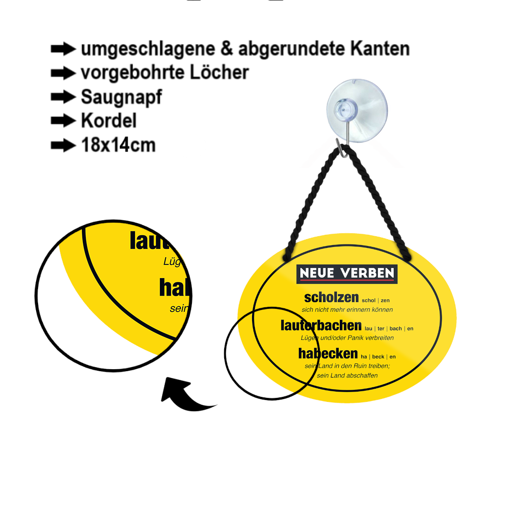 Blechschild ''Neue Verben. Schmolzen, lauterbachen, habecken'' 18x14cm
