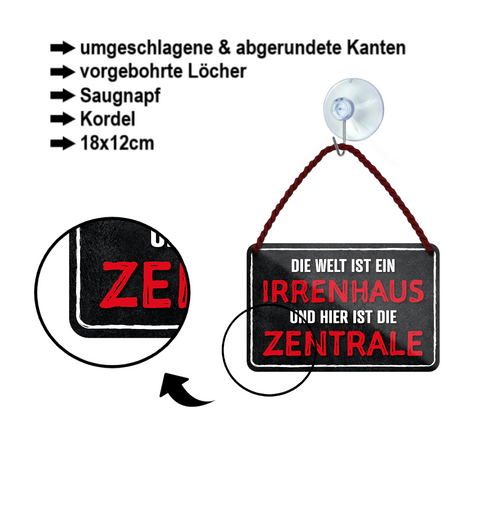 Blechschild ''Die Welt ist ein Irrenhaus und hier die Zentrale'' 18x12cm