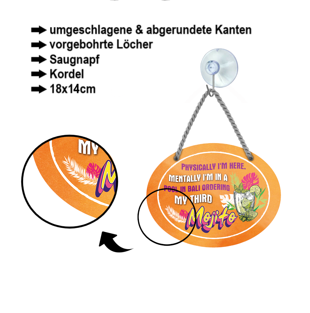 Blechschild ''Physically i'm here, mentally i ordering my third Mojito'' 18x14cm