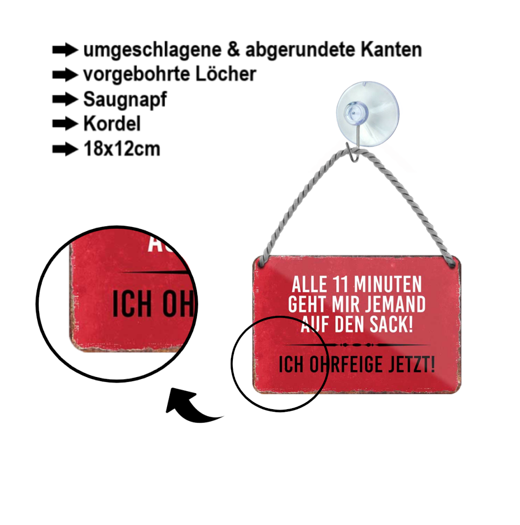 Blechschild ''Alle 11 Minuten geht mir jemand auf den Sack. Ohrfeige'' 18x12cm