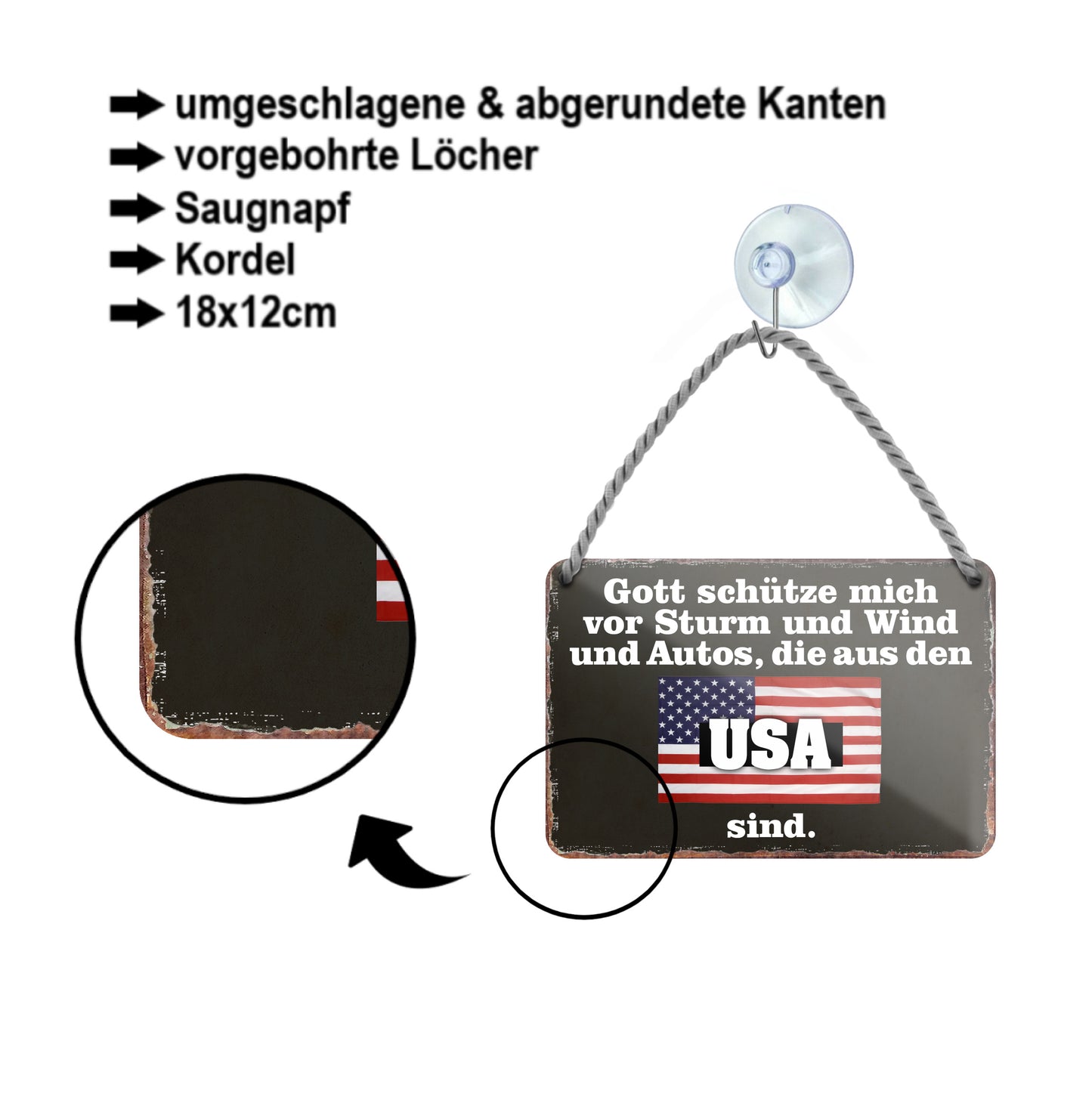 Blechschild ''Gott schütze vor Autos aus USA'' 18x12cm