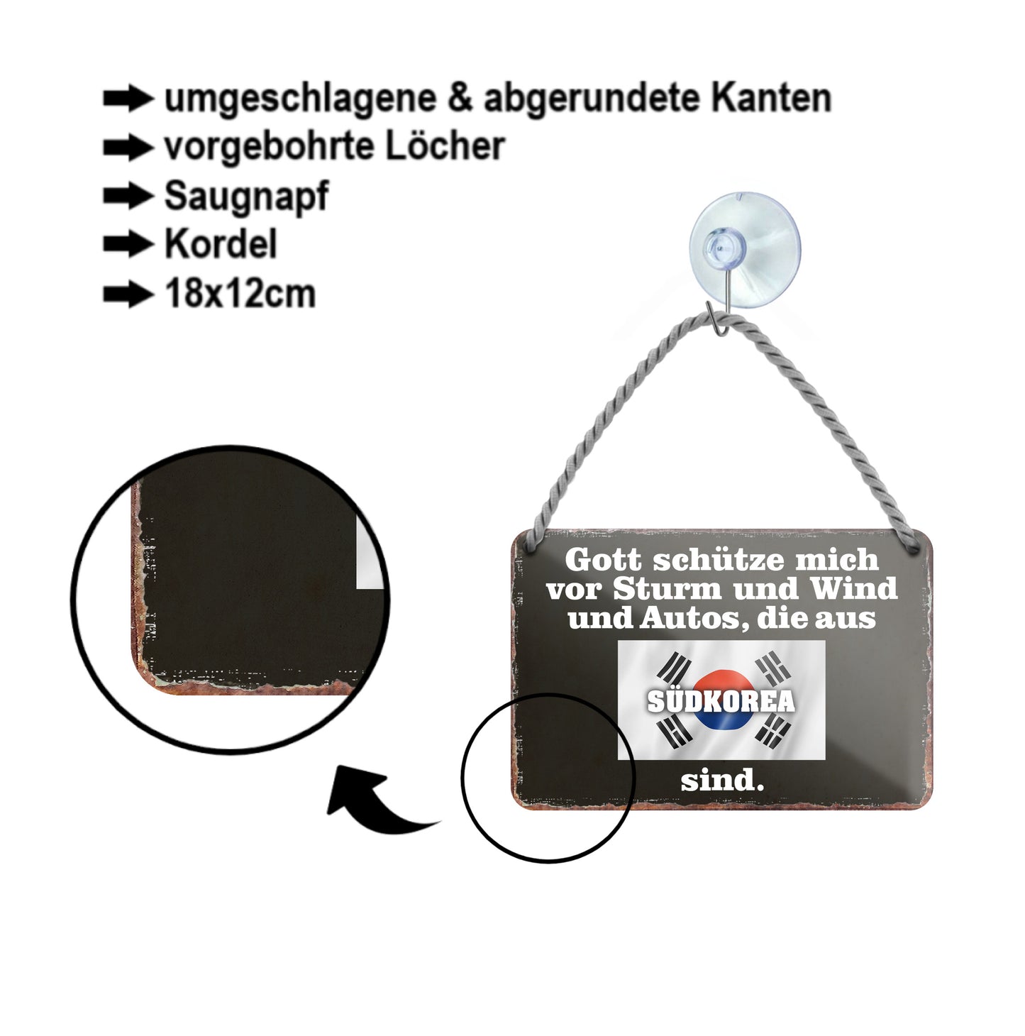 Blechschild ''Gott schütze vor Autos aus Südkorea'' 18x12cm