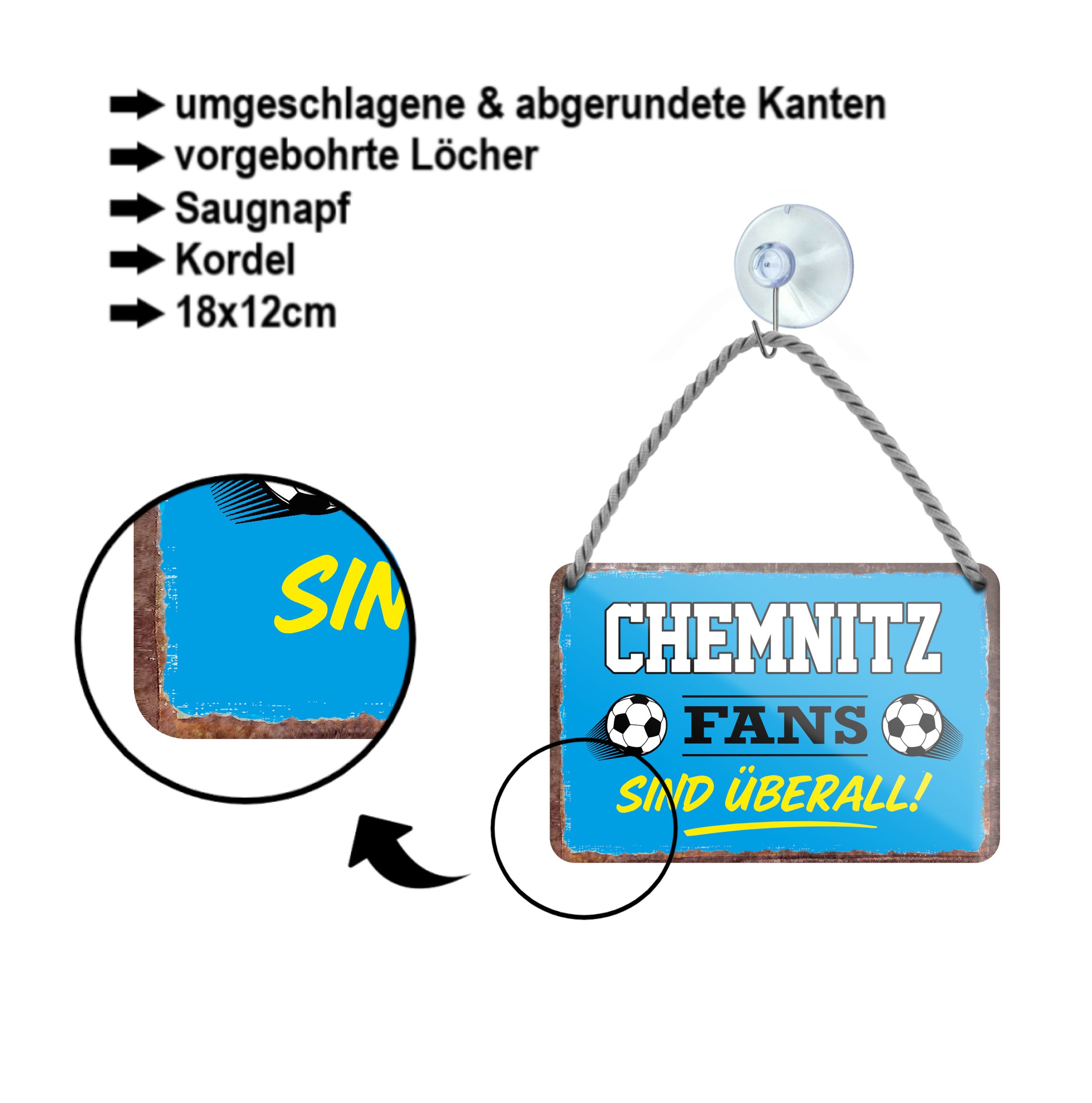 Blechschild ''Chemnitz Fans sind überall!'' 18x12cm