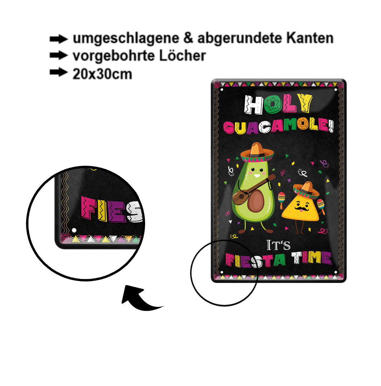 Blechschild ''Holy Guacamole it's Fiestatime'' 20x30cm