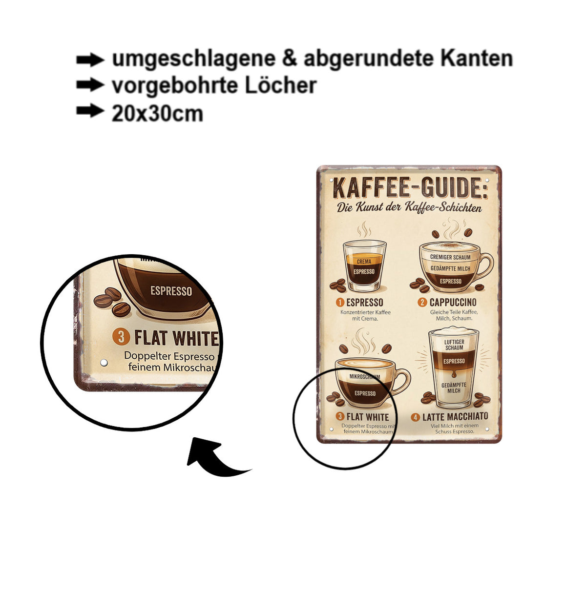 Blechschild ''Kaffee-Guide. Kunst der Kaffee-Schichten'' 20x30cm