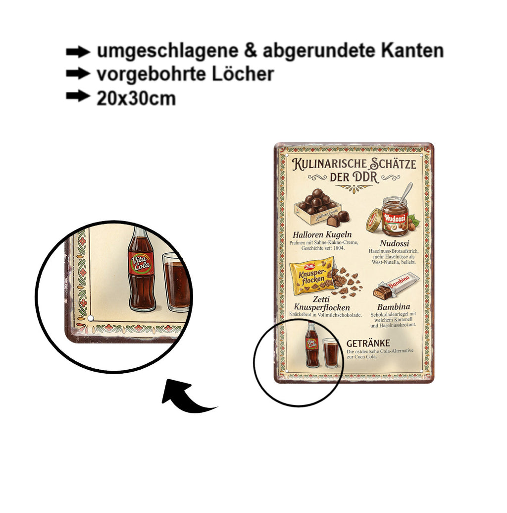 Blechschild ''Kulinarische Schätze der DDR'' 20x30cm