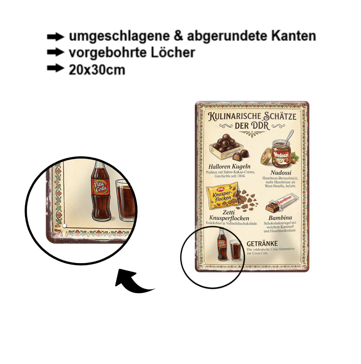 Blechschild ''Kulinarische Schätze der DDR'' 20x30cm
