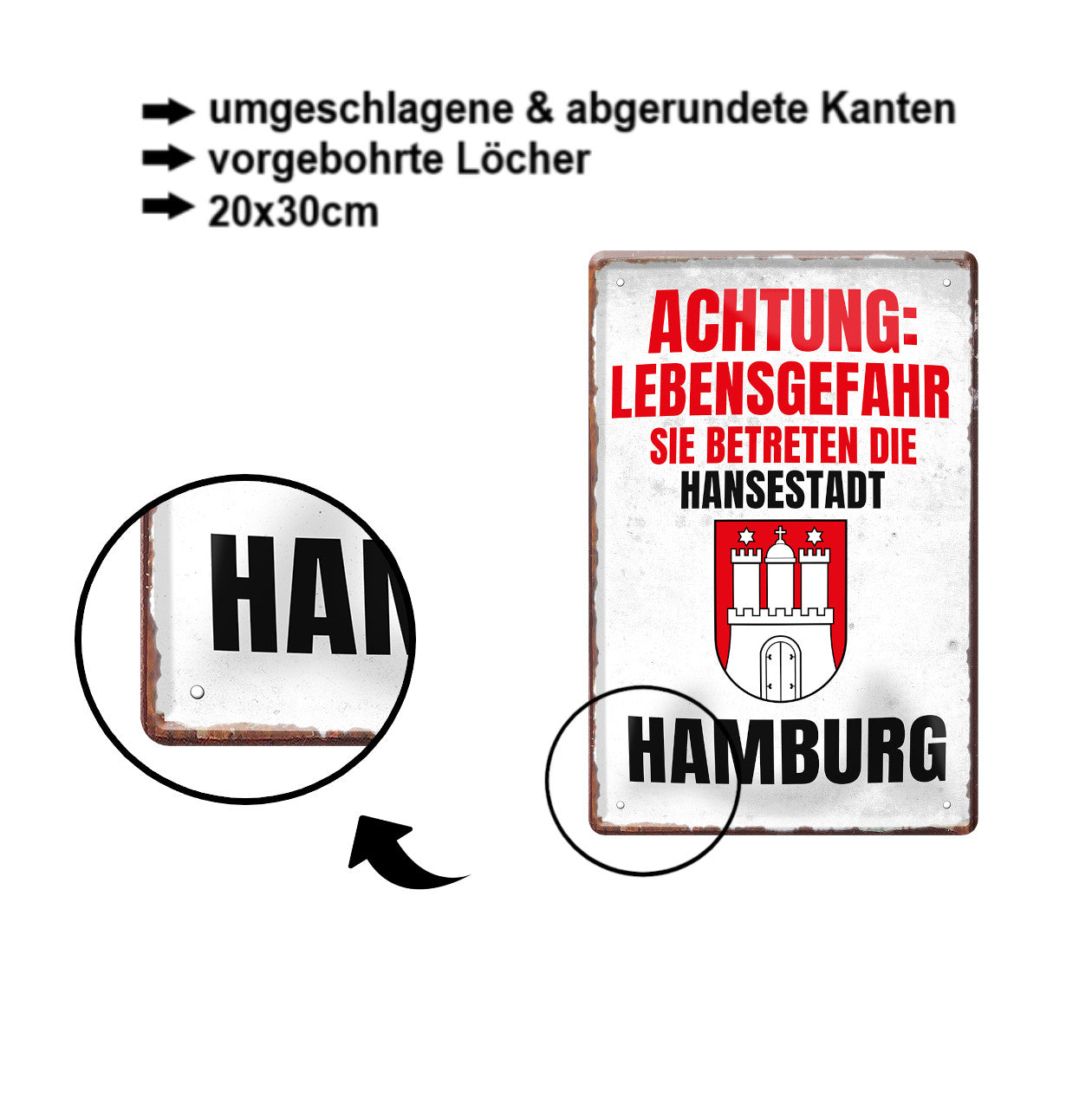 Blechschild ''Achtung Lebensgefahr Hamburg'' 20x30cm