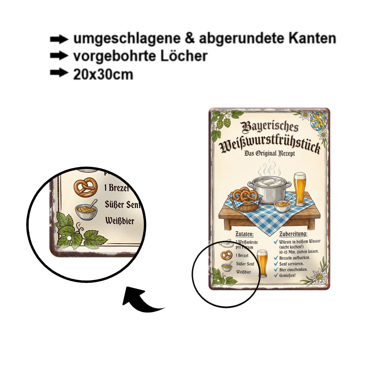 Blechschild ''Bayerisches Weißwurstfrühstück'' 20x30cm