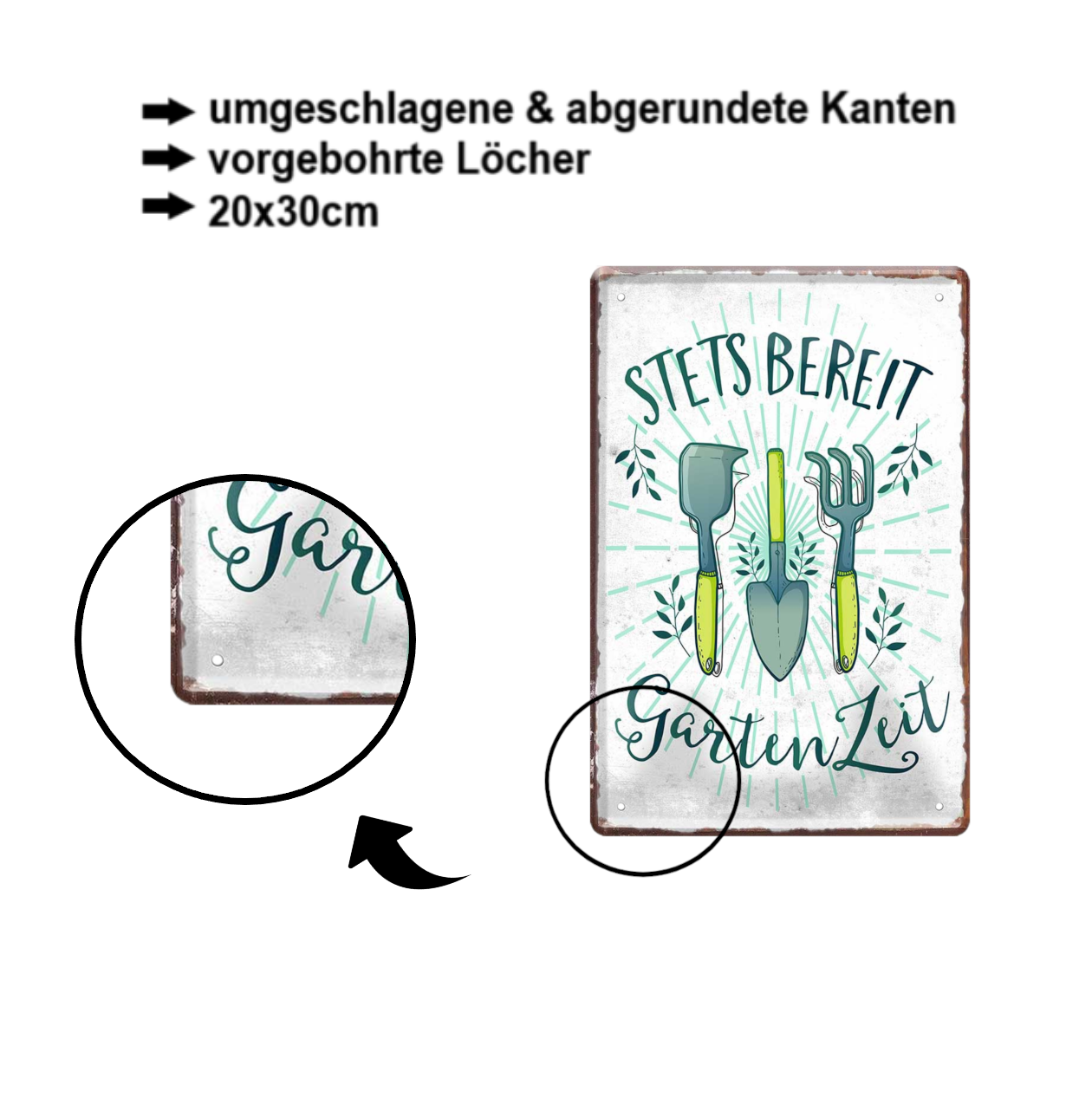 Blechschild ''Stets bereit GartenZeit (Gartenwerkzeuge)'' 20x30cm