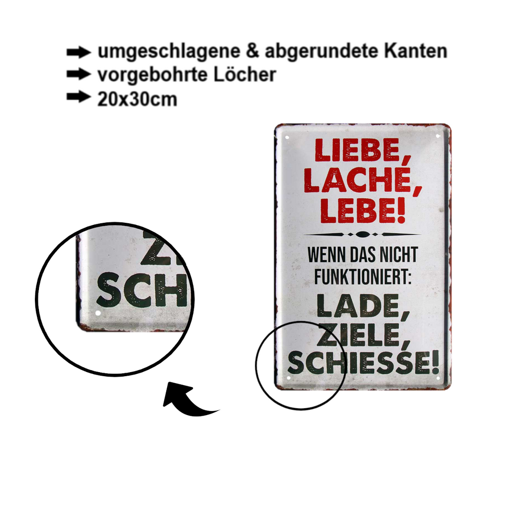 Tin Sign ''Love, Laugh, Live. Load, aim, shoot'' 20x30cm