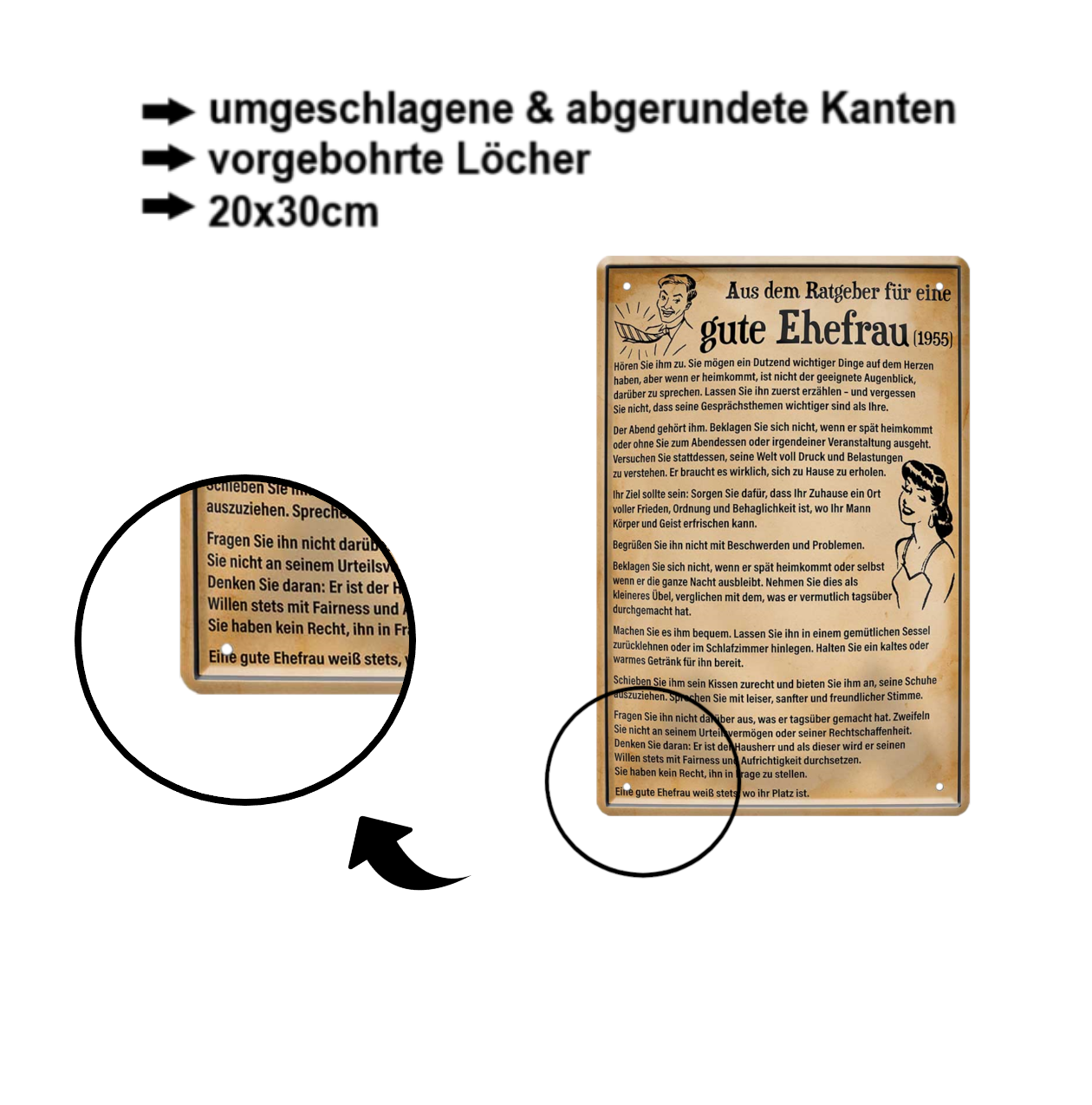 Blechschild ''Aus dem Ratgeber für eine gute Ehefrau'' 20x30cm