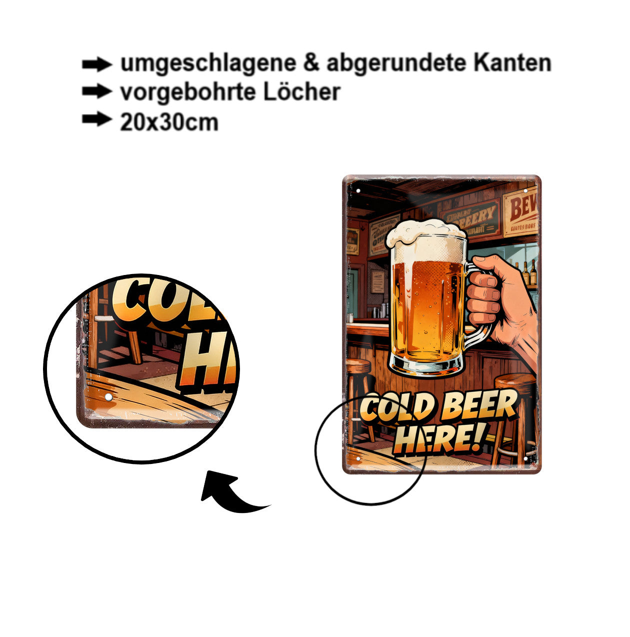 Blechschild ''Cold Beer Here!'' 20x30cm