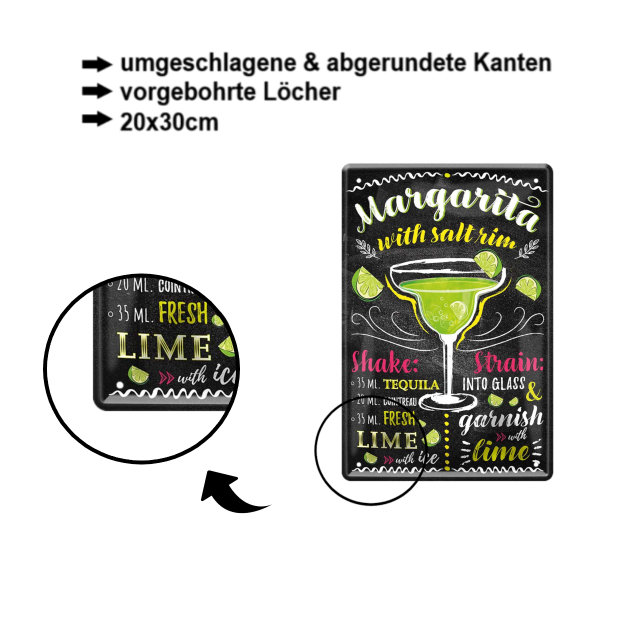 Blechschild ''Margerita with salt'' 20x30cm
