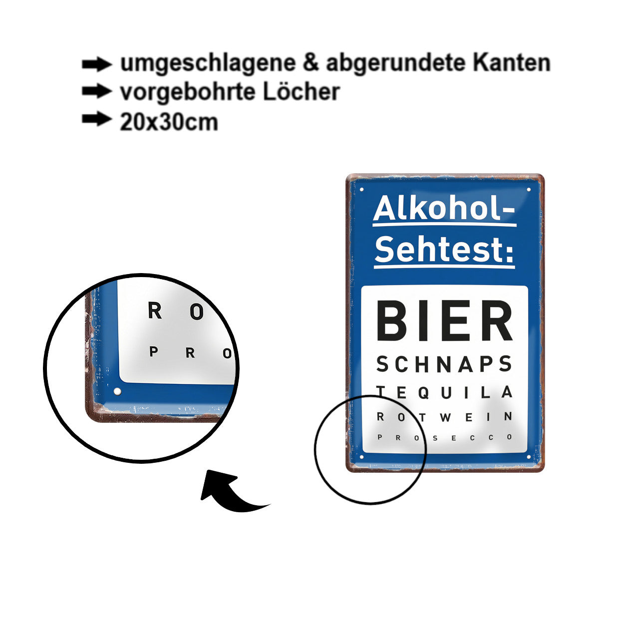 Blechschild ''Alkohol- Sehtest'' 20x30cm