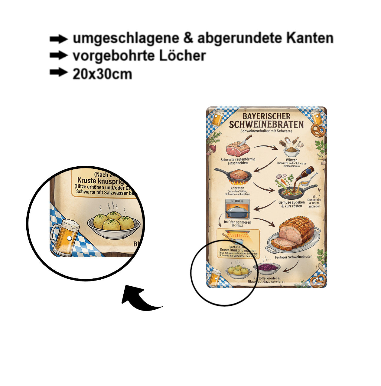 Blechschild ''Bayerischer Schweinebraten Bier und Brezel'' 20x30cm