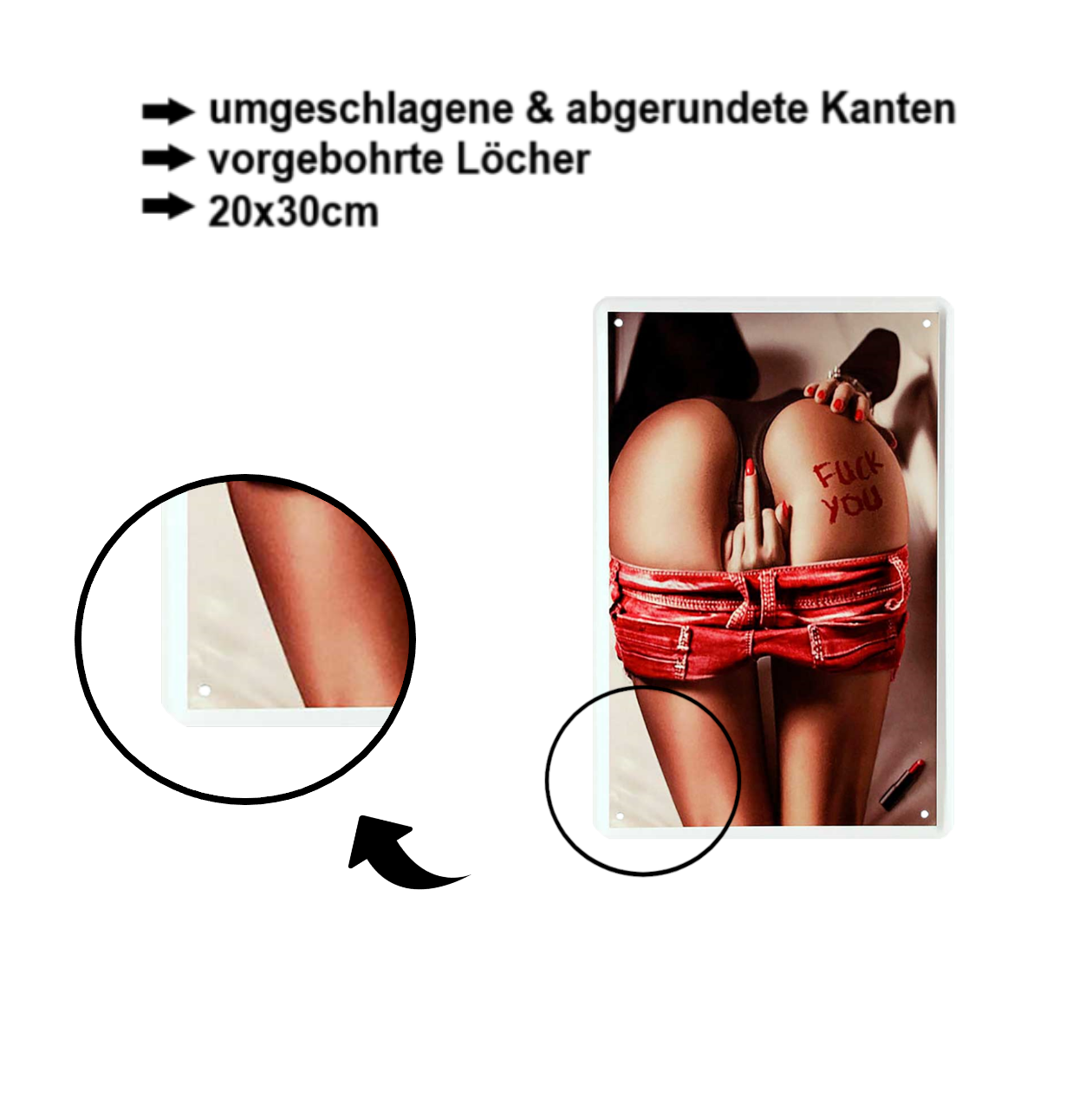Blechschild ''Pinup Arsch Mittelfinger Fuck You'' 20x30cm