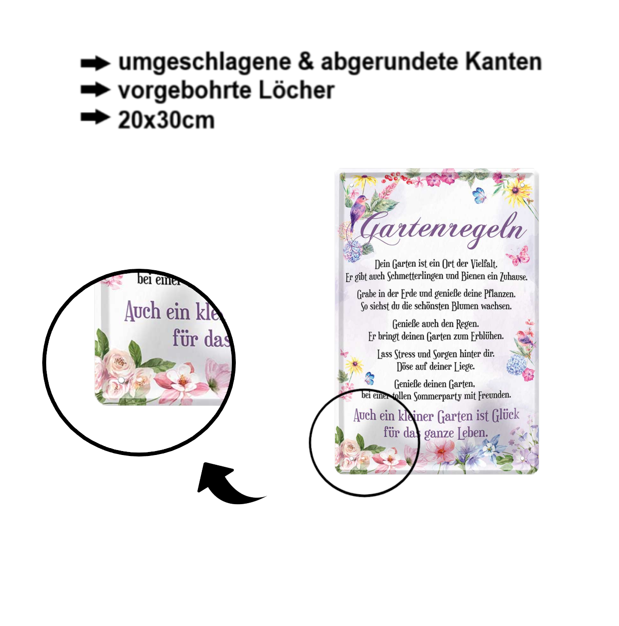 Blechschild ''Gartenregeln. Dein garten ist ein Ort der Vielfalt'' 20x30cm