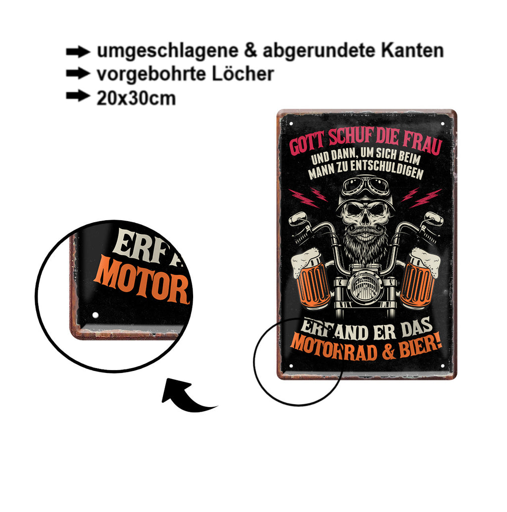 Blechschild ''Gott schuf die Frau, dann das Motorrad und Bier'' 20x30cm