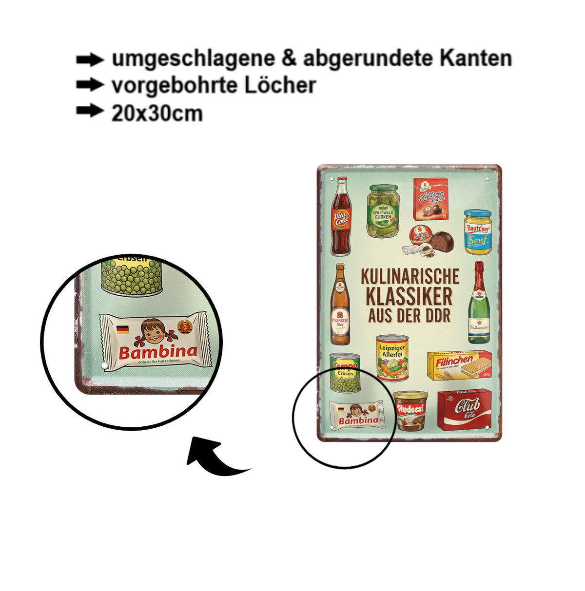 Blechschild ''Kulinarische Klassiker aus der DDR'' 20x30cm