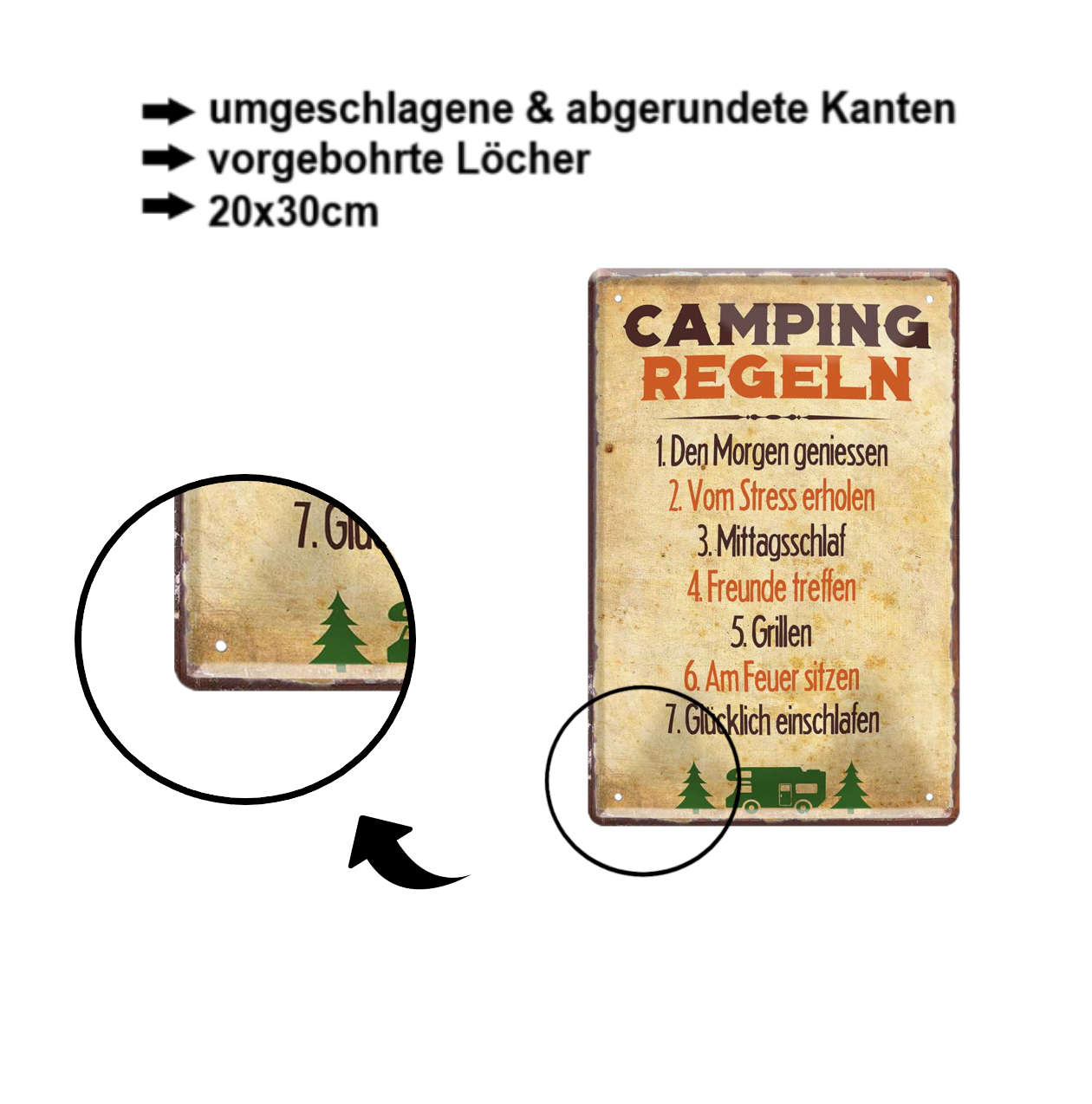 Blechschild ''Camping Regeln. 1. Den Morgen genießen.. '' 20x30cm