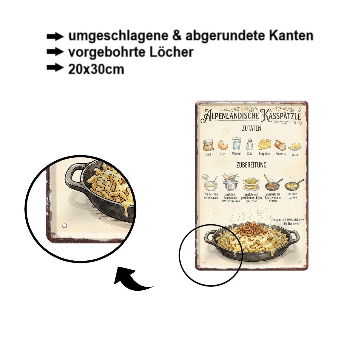 Blechschild ''Alpenländische Kässpätzle'' 20x30cm