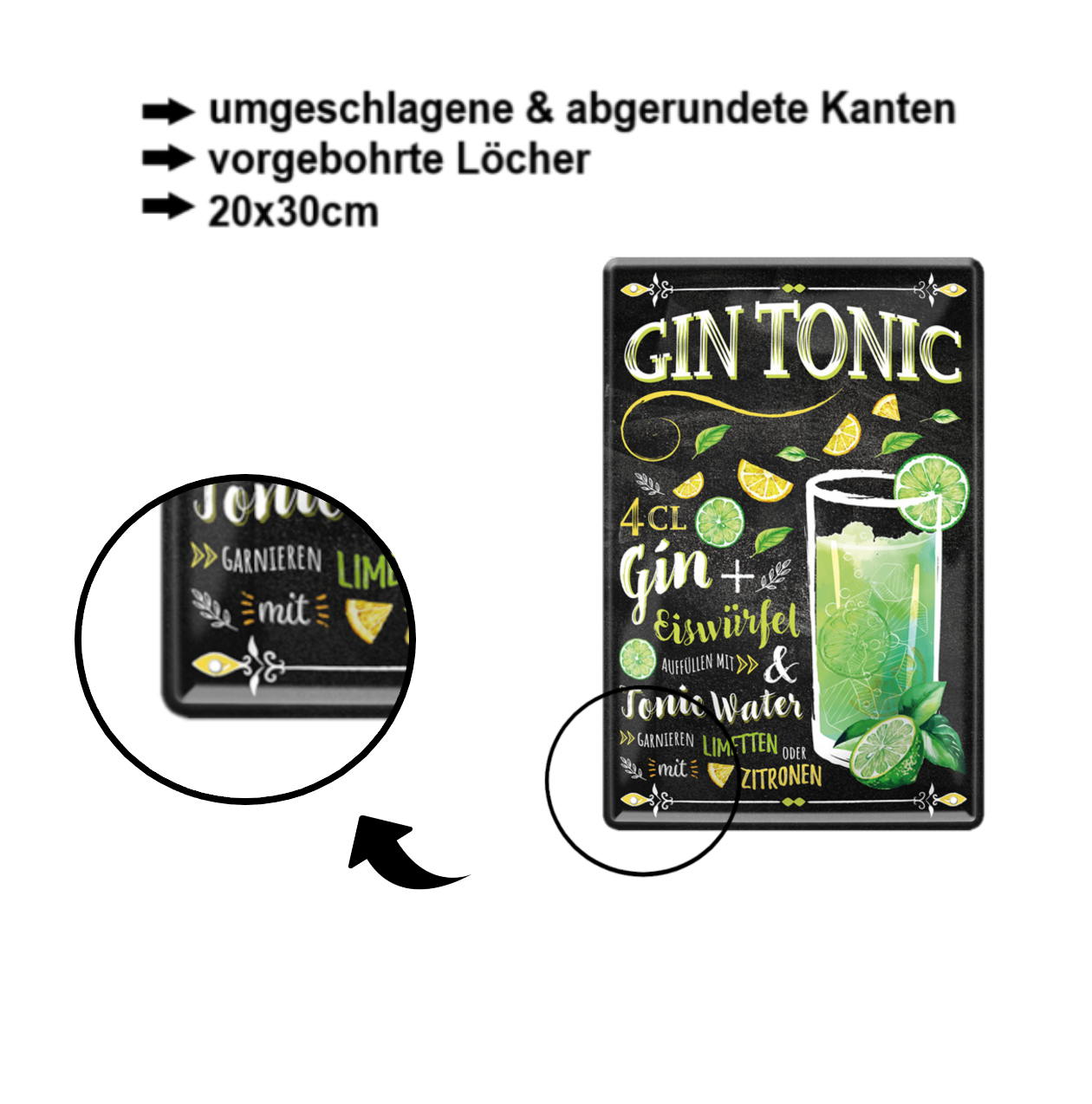 Blechschild ''Gin Tonic (schwarz)'' 20x30cm