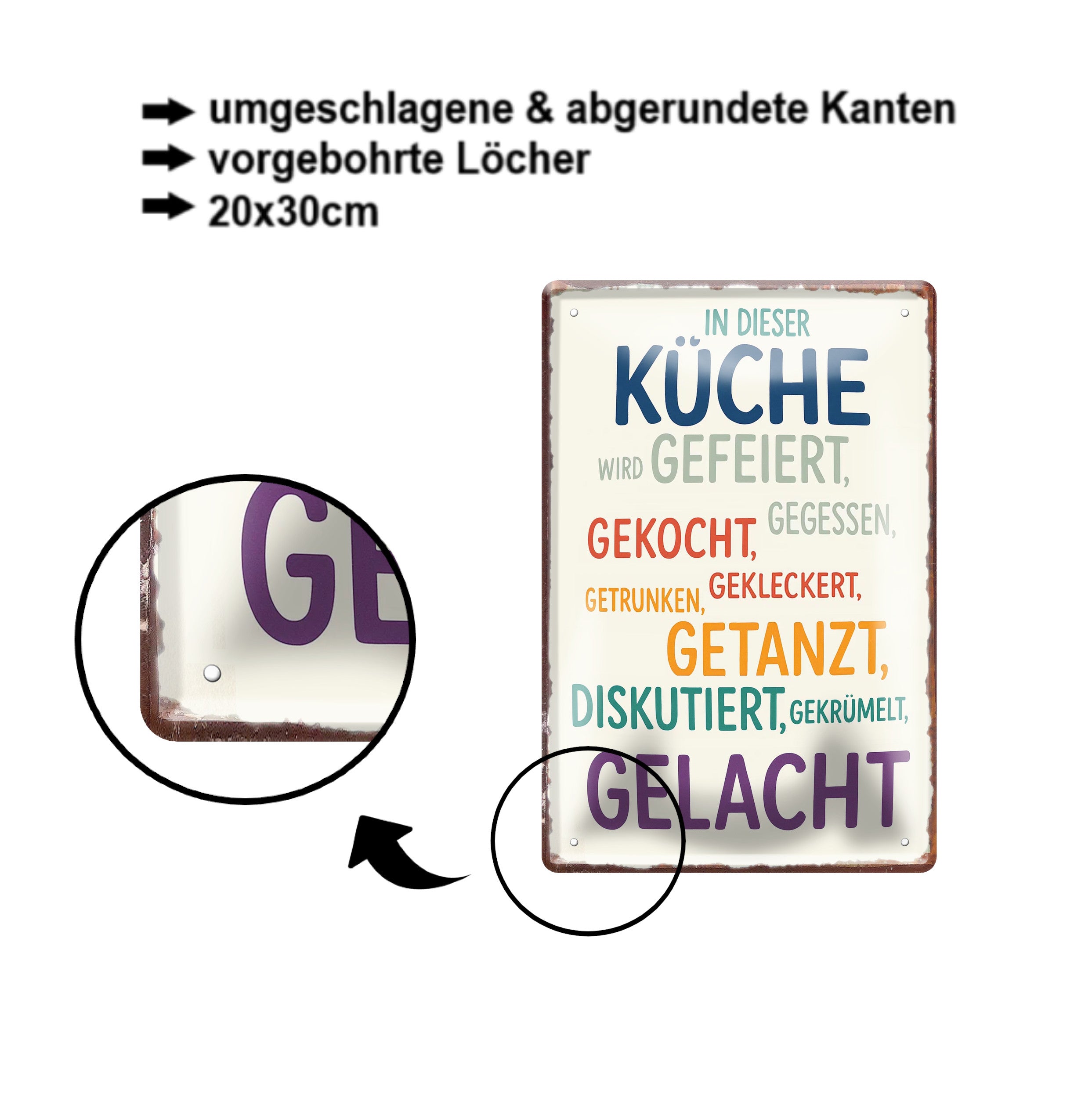 Blechschild ''In dieser Küche wird gefeiert, gelacht'' 20x30cm