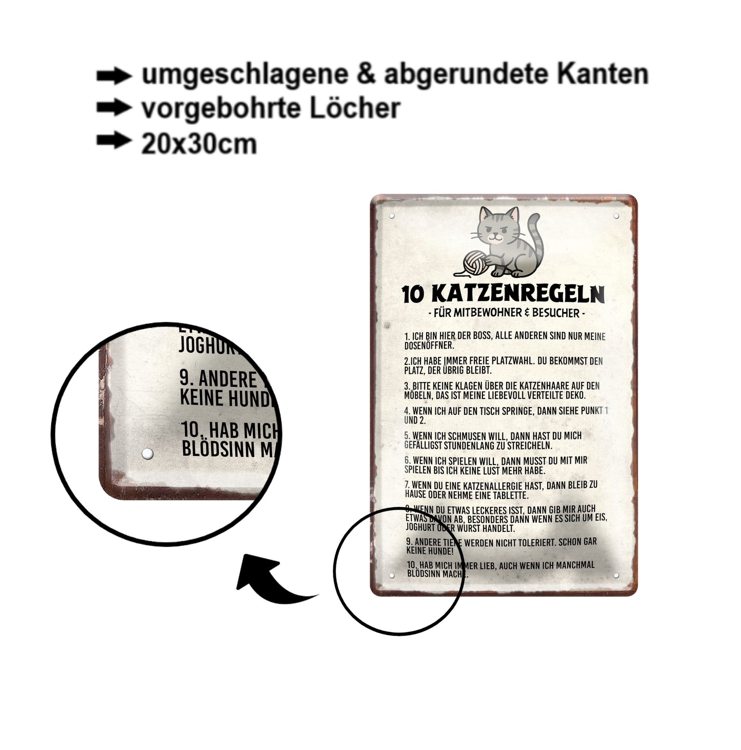 Blechschild ''10 Katzenregeln für Mitbewohner'' 20x30cm