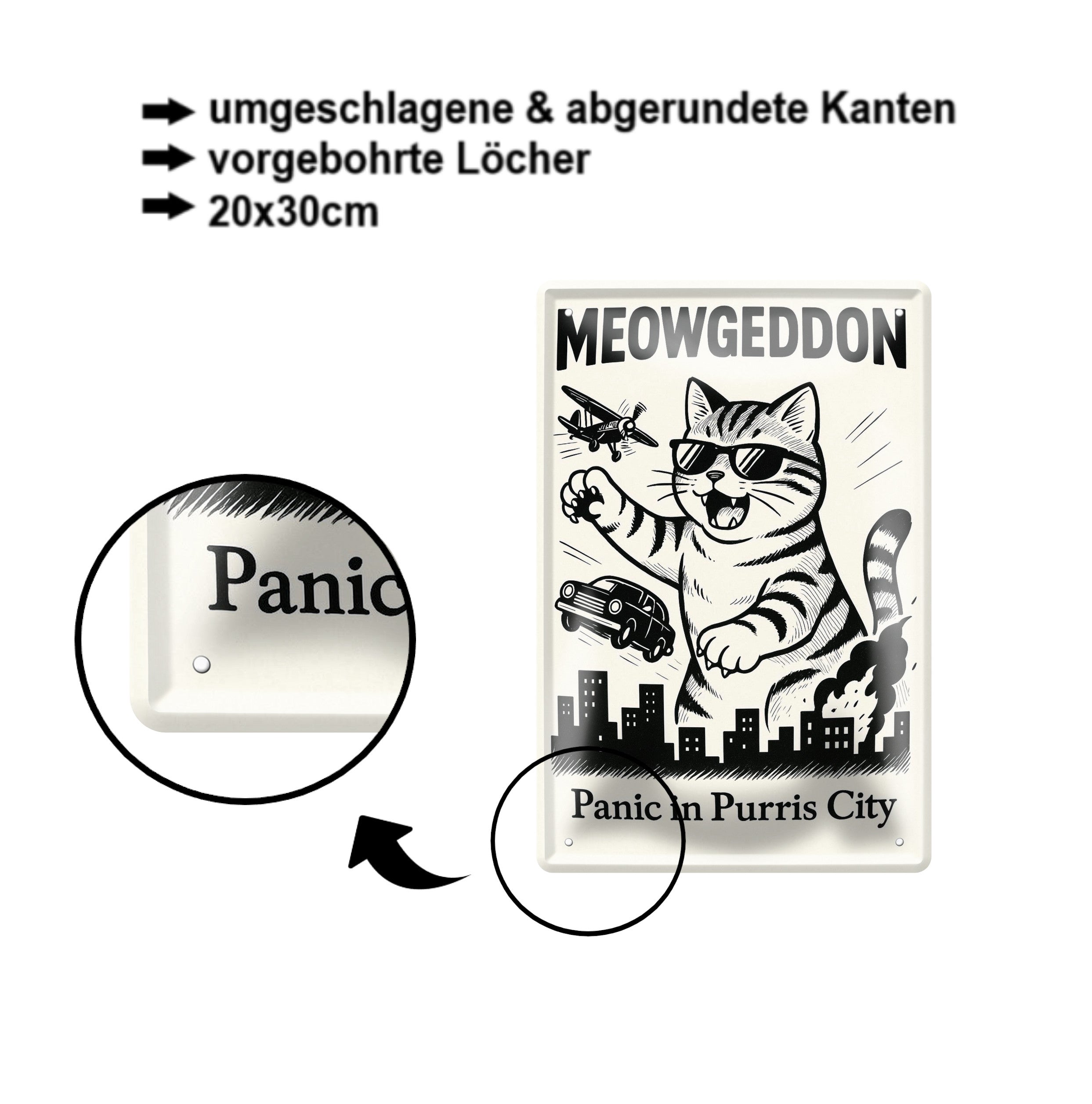 Blechschild ''Meowgeddon. Panic in Purris City'' 20x30cm