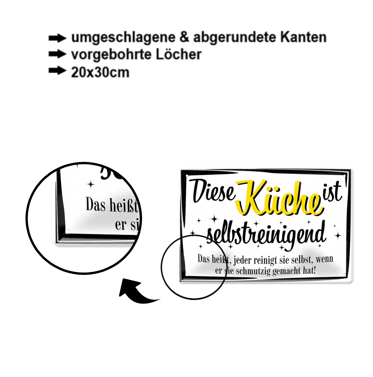 Blechschild ''Diese Küche ist selbstreinigend'' 20x30cm