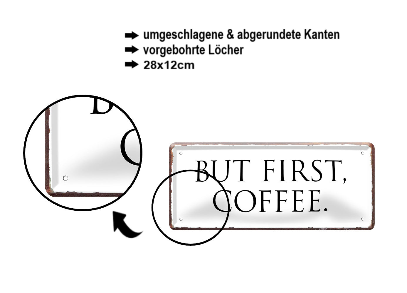 Blechschild ''But first Coffee (weiß)'' 28x12cm