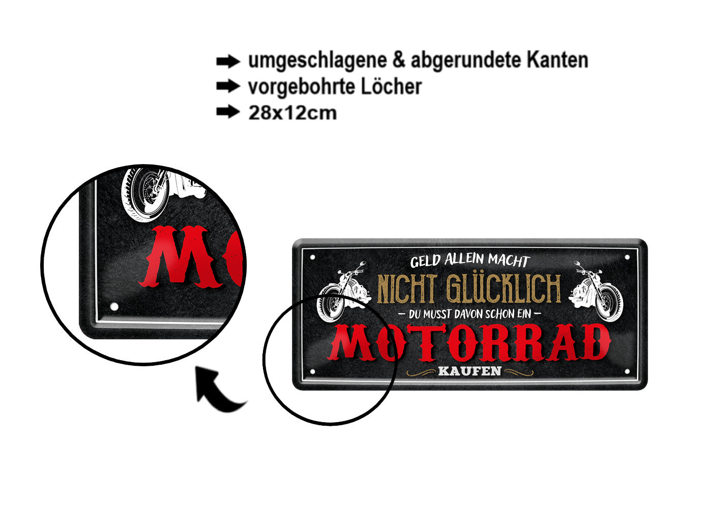 Blechschild ''Geld allein macht nicht glücklich Motorrad'' 28x12cm