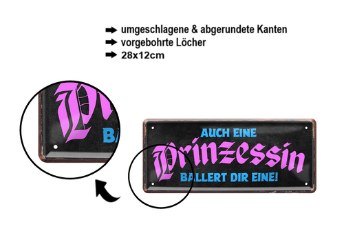 Blechschild ''Auch eine Prinzessin ballert dir eine!'' 28x12cm