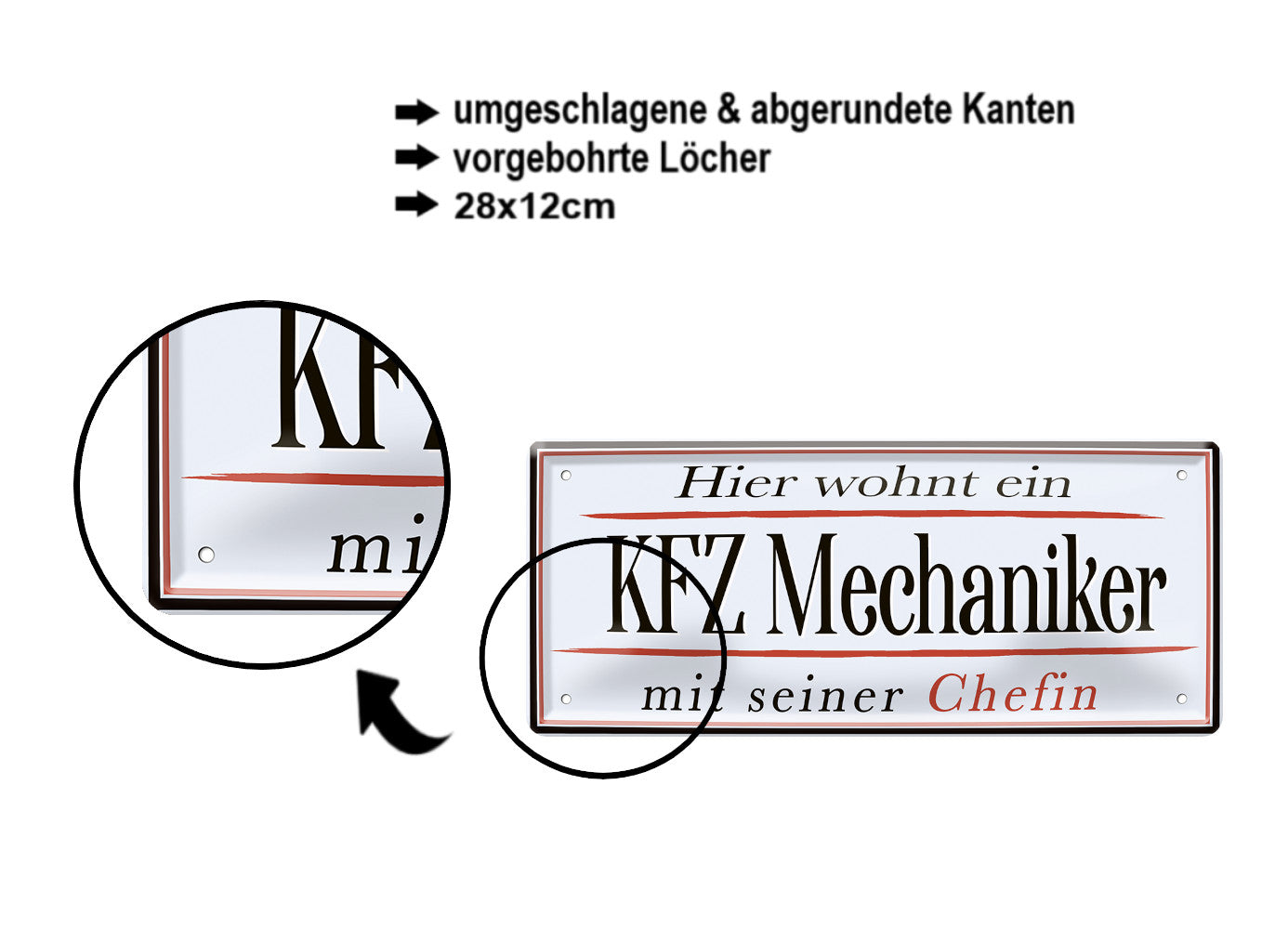 Blechschild ''Hier wohnt ein KFZ Mechaniker'' 28x12cm