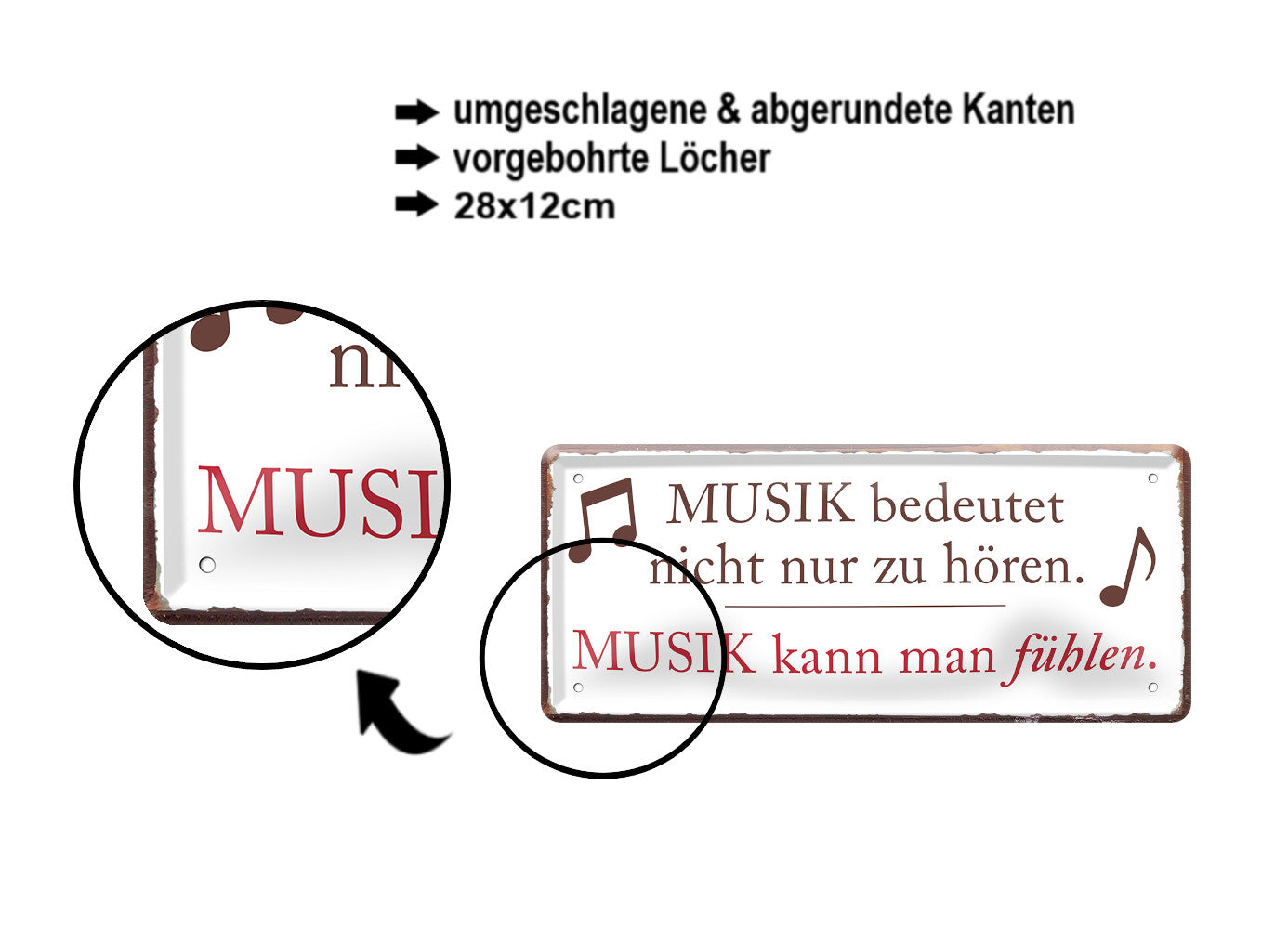 Blechschild ''Musik bedeutet nicht nur zu hören. Fühlen'' 28x12cm
