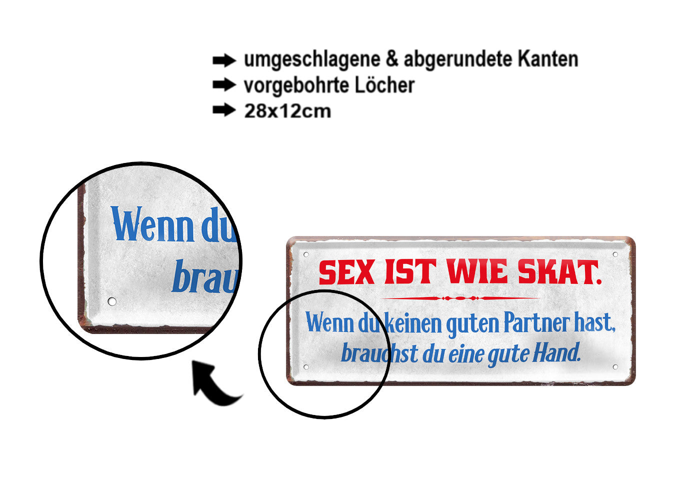 Blechschild ''Sex ist wie Skat. Kein guter Partner gute Hand'' 28x12cm