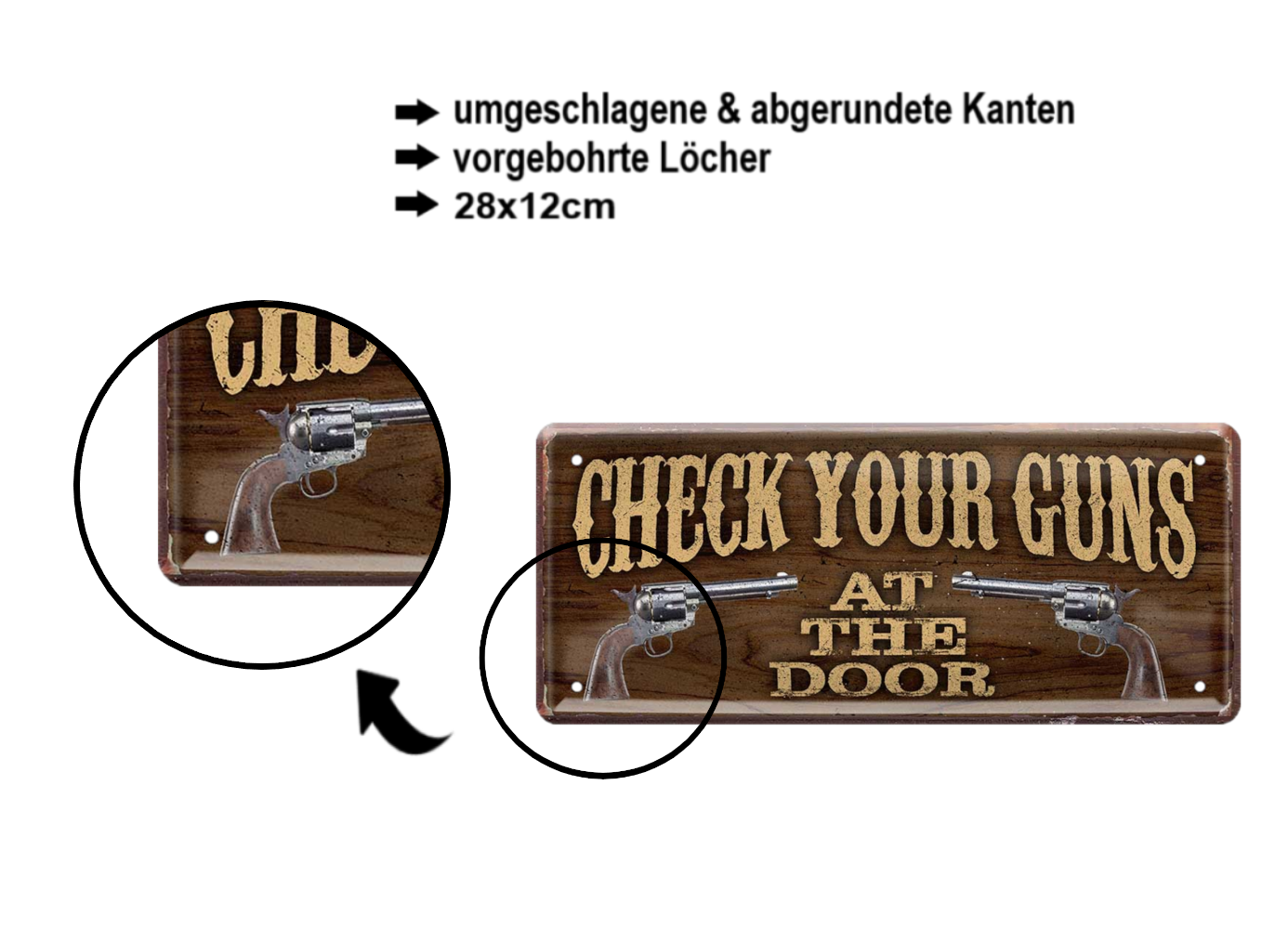 Blechschild ''Check your guns'' 28x12cm