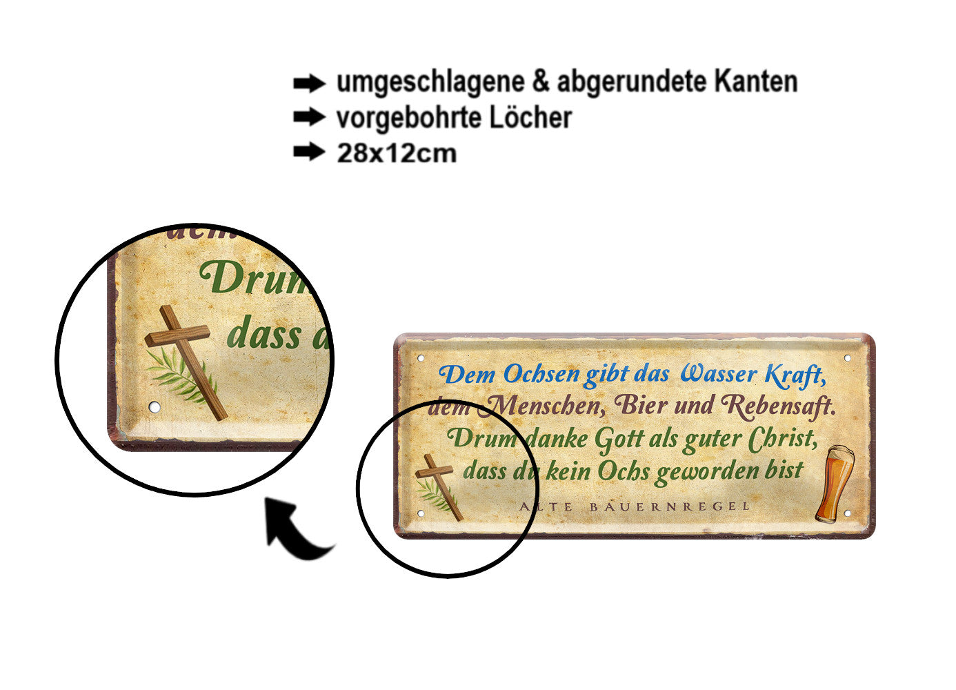 Blechschild ''Dem Ochsen gibt Wasser Kraft, dem Menschen Bier'' 28x12cm