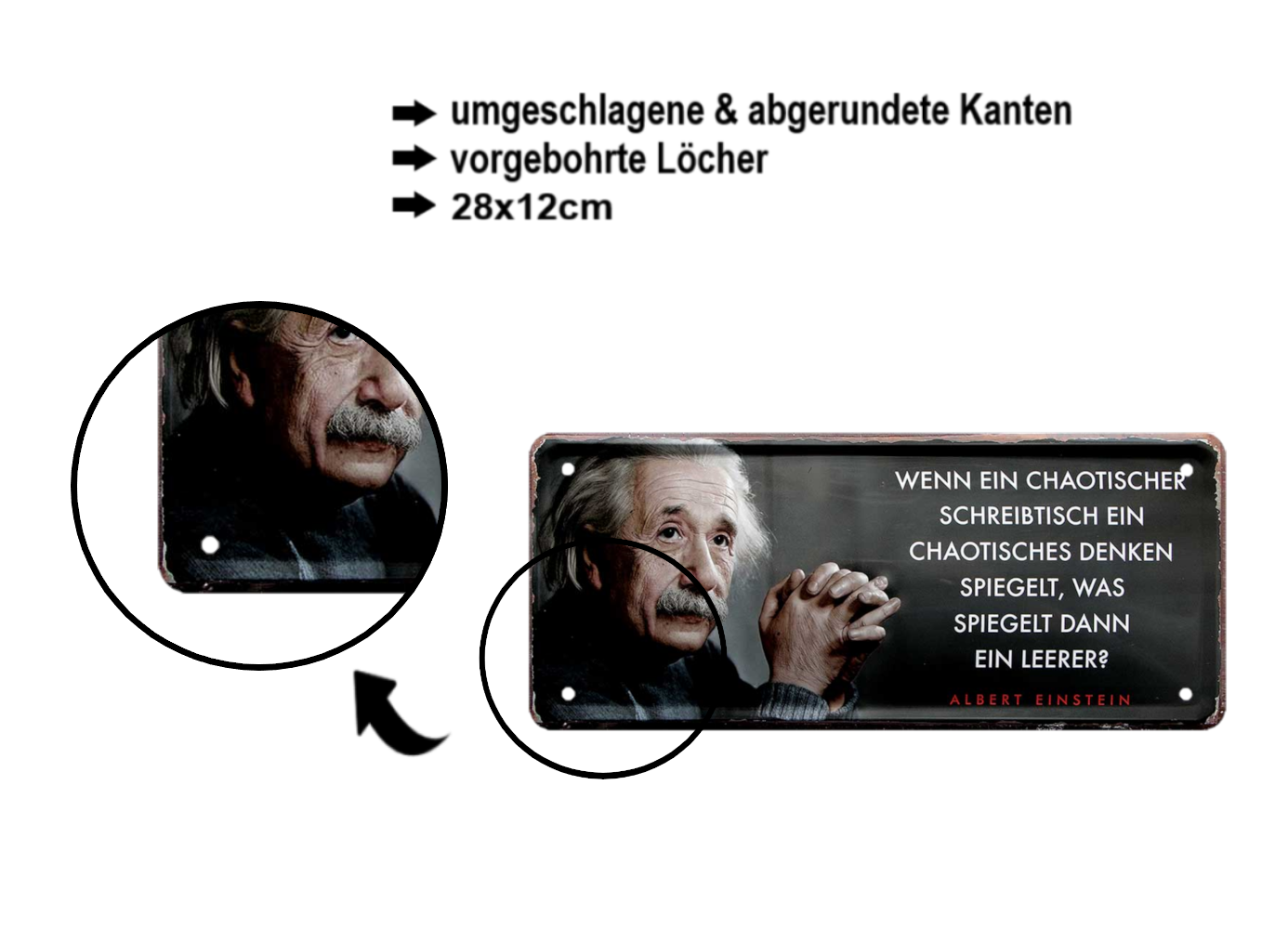 Blechschild ''chaotischer Schreibtisch chaotisches Denken spiegelt (Einstein)'' 28x12cm