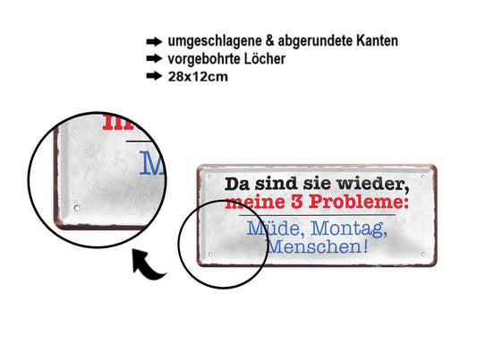 Blechschild ''Da sind meine 3 Probleme. Müde, Montag, Menschen'' 28x12cm