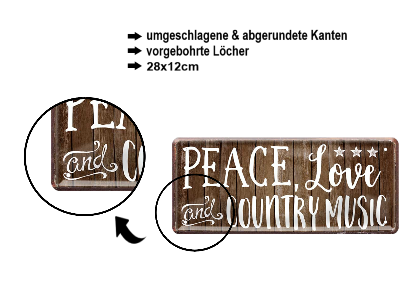 Blechschild ''Peace, Love and Country Music'' 28x12cm