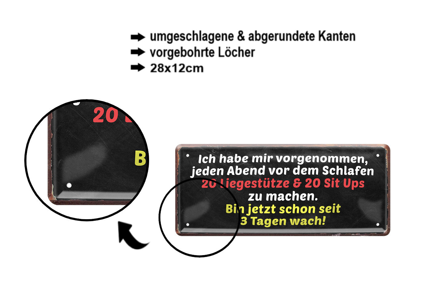 Blechschild ''Ich habe mir vorgenommen 20 Liegestütz 3 Tage wach'' 28x12cm