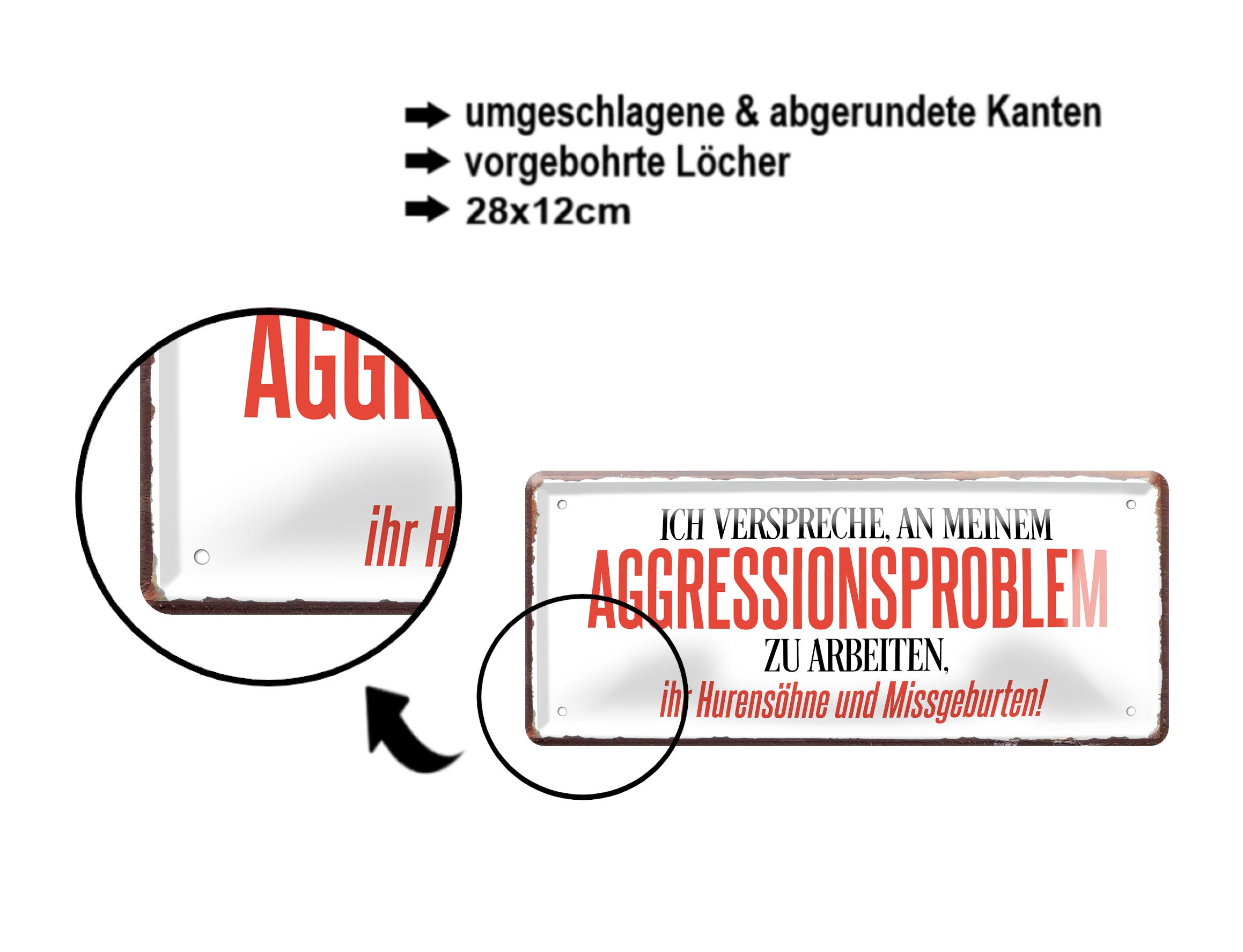 Blechschild ''Ich verspreche, an meinem Aggressionsproblem'' 28x12cm