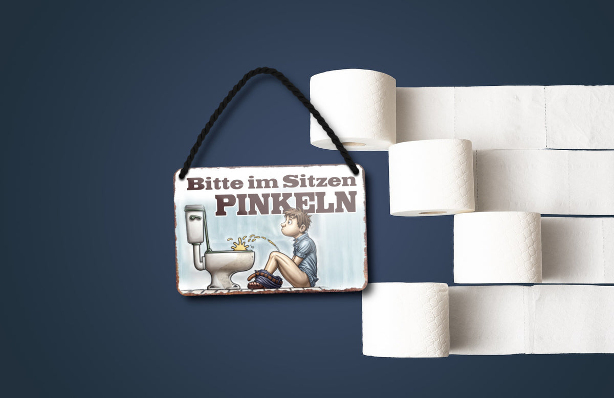 Blechschild ''Bitte im Sitzen PINKELN'' 18x12cm