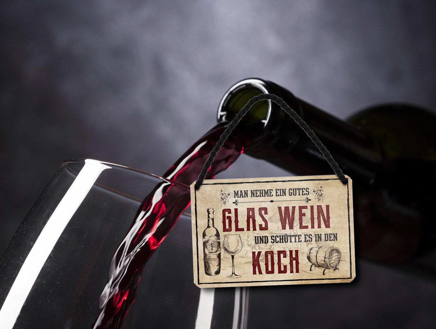 Blechschild ''Man nehme ein gutes Glas Wein.. Koch'' 18x12cm