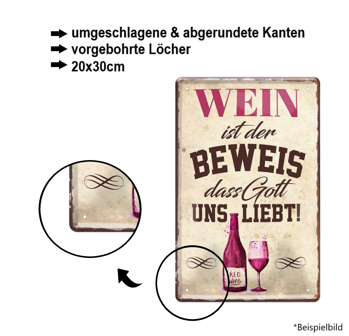 Tin sign "Hugo (bottle &amp; champagne glass, list of ingredients, black background)" 20x30cm 