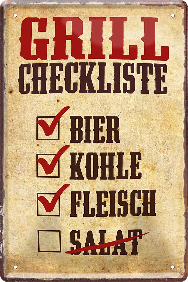 4252024215632 Schilderstore24 Schilderstore24 Blechschilder sind perfekt als Geschenk zu Weihnachten, Geburtstage, Feiern, Partys, Grillabende, Namenstag, Feiertag, Mädelsabend, Hochzeit. Jederzeit stilvoll im Wohnzimmer, Partykeller, Garage, Praxis, Büro, Café, Hauseingang Lebensmittel Kaffee Kuchen Tee Grill crepes teigware süßigkeit essen grill wurst	 ''Grill Checkliste''		20x30cm