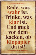 4252024213379 Schilderstore24 Schilderstore24 Blechschilder sind perfekt als Geschenk zu Weihnachten, Geburtstage, Feiern, Partys, Grillabende, Namenstag, Feiertag, Mädelsabend, Hochzeit. Jederzeit stilvoll im Wohnzimmer, Partykeller, Garage, Praxis, Büro, Café, Hauseingang Alkohol Cocktail Bier Sekt Getränk Bier Alkohol schnaps promille tequila   	 ''Rede was wahr ist, Trinke was klar ist''		20x30cm