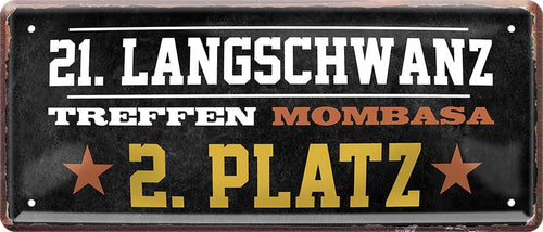 4252024228595 Schilderstore24 	Schilderstore24 Blechschilder sind perfekt als Geschenk zu Weihnachten, Geburtstage, Feiern, Partys, Grillabende, Namenstag, Feiertag, Mädelsabend, Hochzeit. Jederzeit stilvoll im Wohnzimmer, Partykeller, Garage, Praxis, Büro, Café, Hauseingang Sex Anzüglich Zweideutig Romantik Brüste sinnlich schnulzig romantisch versaut pinup ''21. LangschwanzTreffen Mombasa 2. Platz''		28x12cm